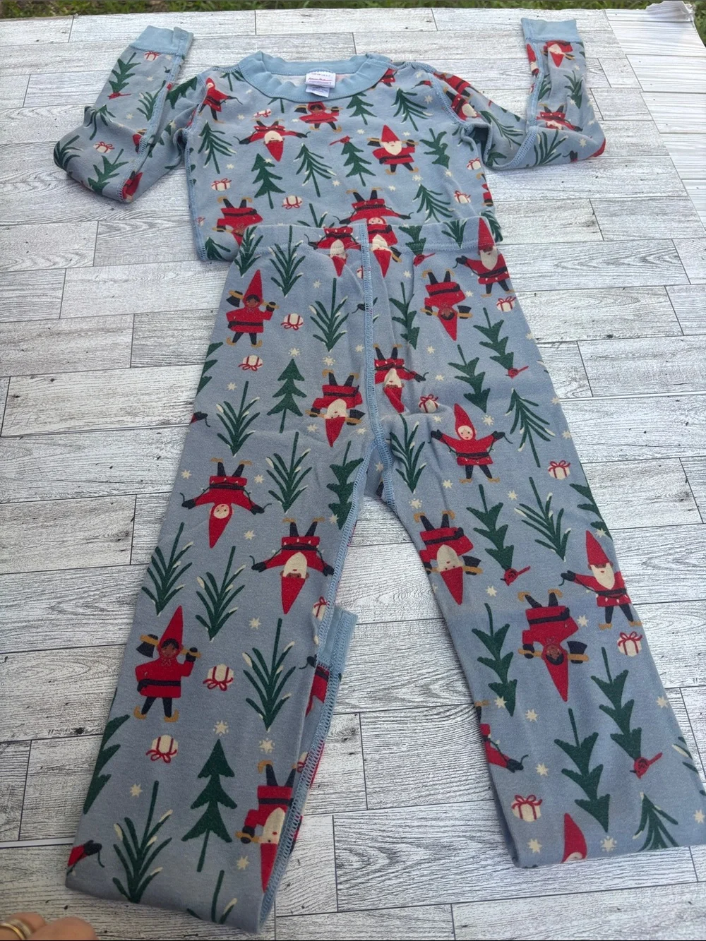 Hanna Anderson Kids Holiday Pajama Set - Light Blue with Red & Green Prints